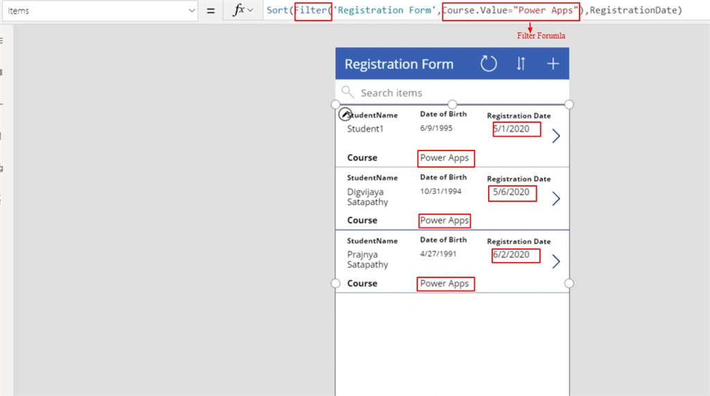 Sort, SortByCoulmn Along With Filter Functions Used In Microsoft PowerApps Gallery