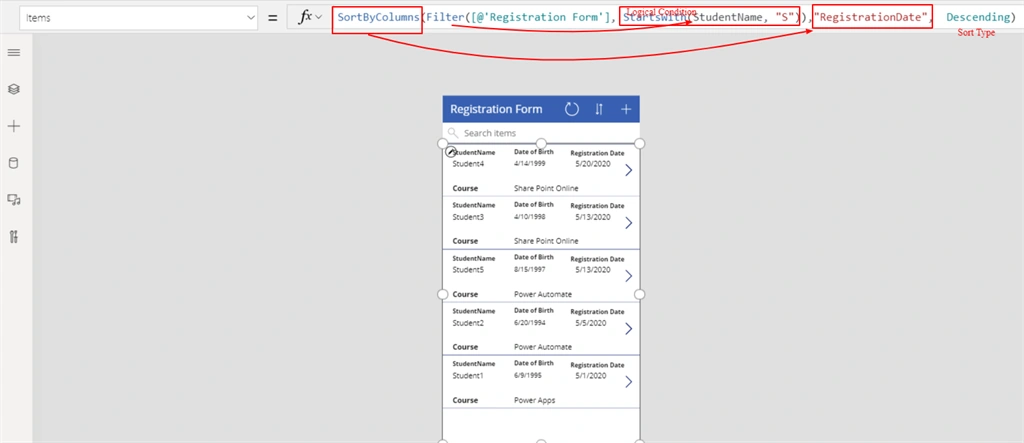 Sort, SortByCoulmn Along With Filter Functions Used In Microsoft PowerApps Gallery