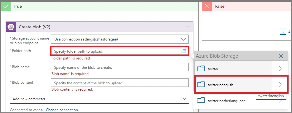 Split and Store the different language tweets in blob storage Using Azure Logic App