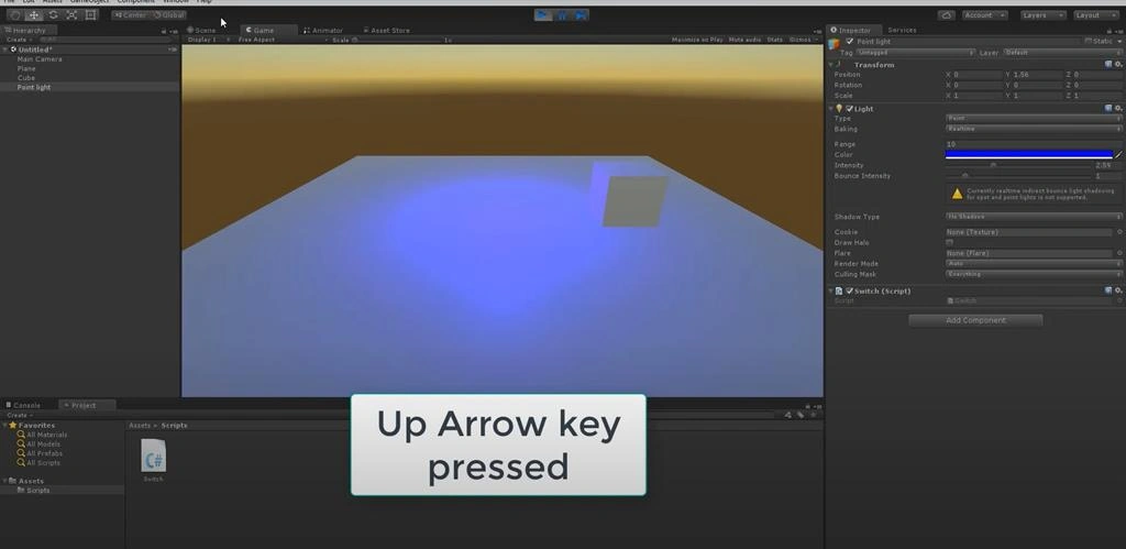 Switching Light On UP And Down Arrow Keys Using C# Scripts In Unity