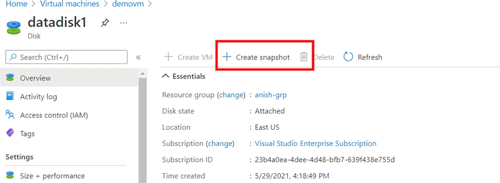 Taking Disk Snapshot In Azure
