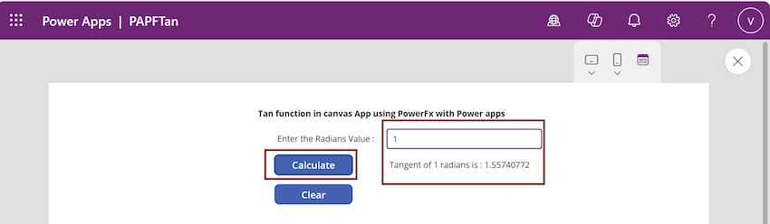 Tan function from Power Fx using Power Apps