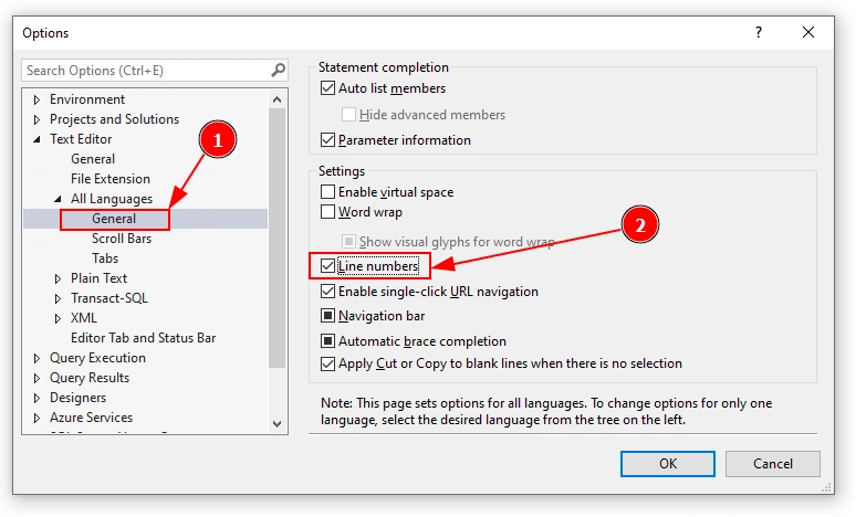 enable line numbers in SQL Server Management Studio (SSMS)
