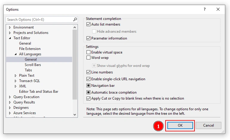 enable line numbers in SQL Server Management Studio (SSMS)