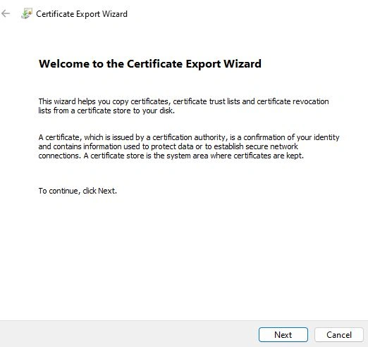 Export .pfx certificate