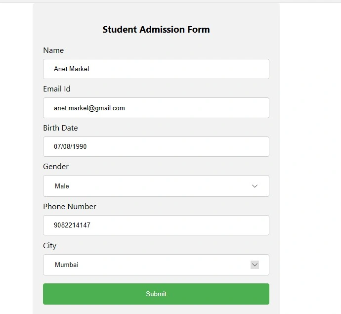 Student registration form with valid data