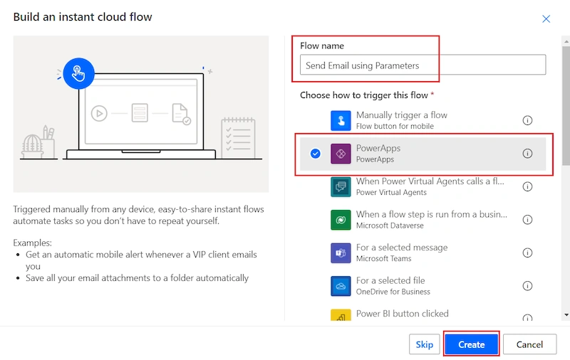 pass the parameters to Power Automate from PowerApps