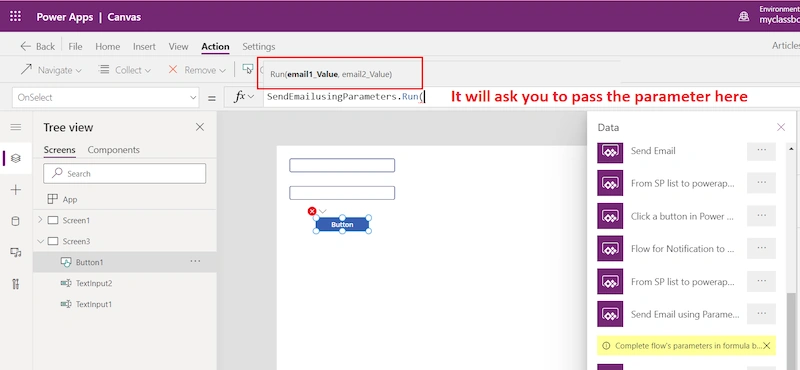 pass the parameters to Power Automate from PowerApps