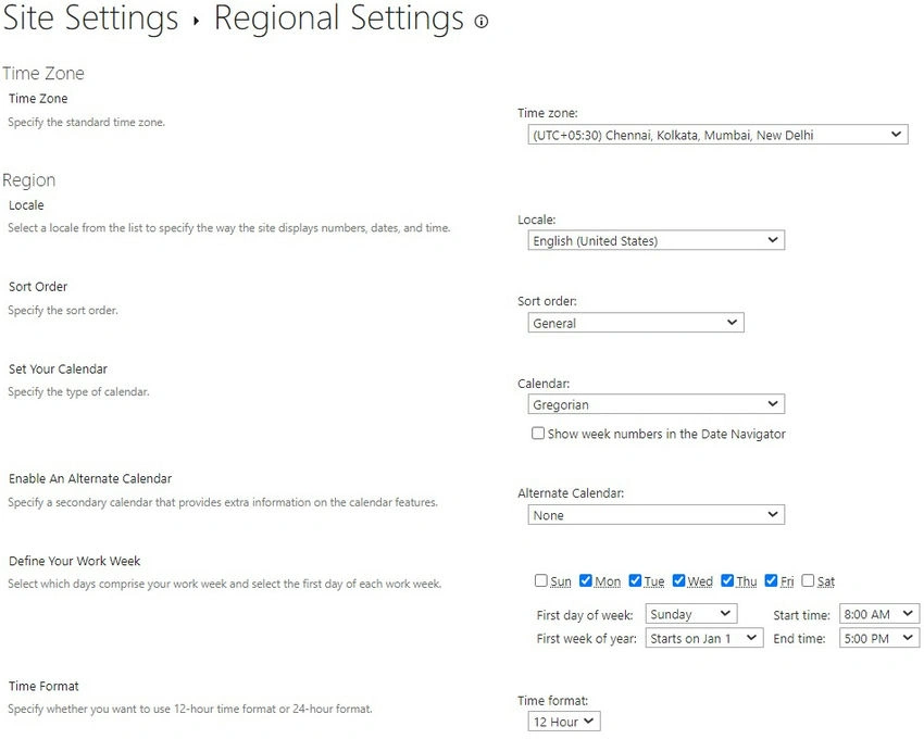 Site settings regional settings