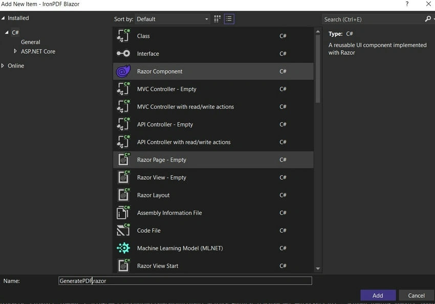 Add New item -Iron PDF Blazor-