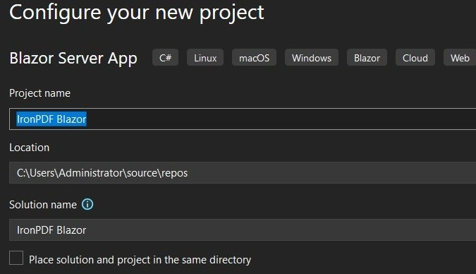 Configure your new project Iron PDF Blazor-