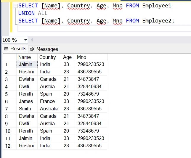 SQL UNION ALL