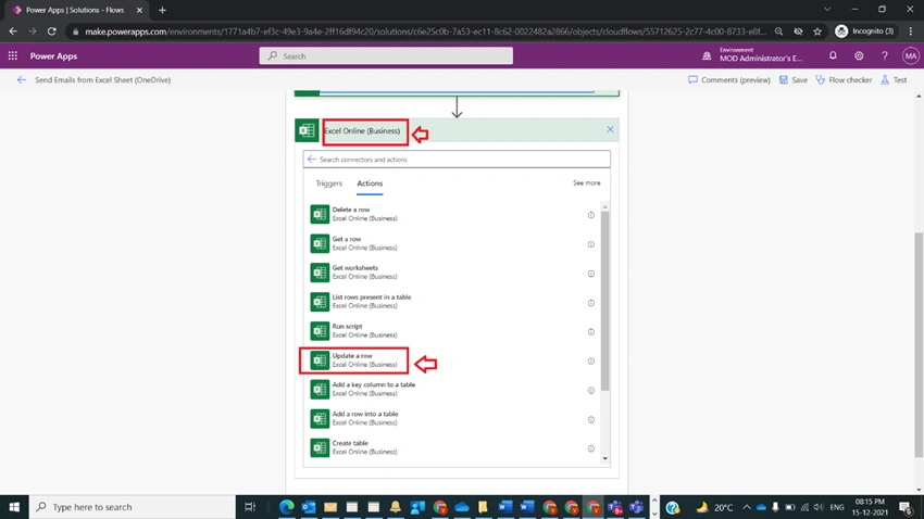 Update A row in an Excel Table Onedrive in Power Automate