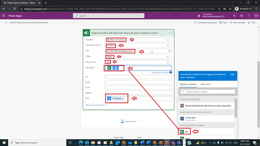 Update A row in an Excel Table Onedrive in Power Automate