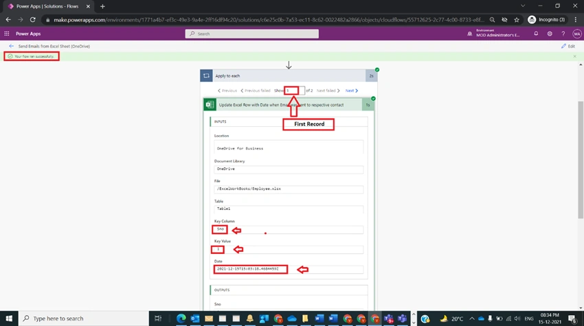Update A row in an Excel Table Onedrive in Power Automate