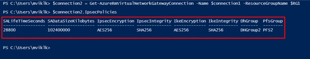 Upgrading the IPsec/IKE policy to the Azure Site-to-Site VPN Connection using the PowerShell Command