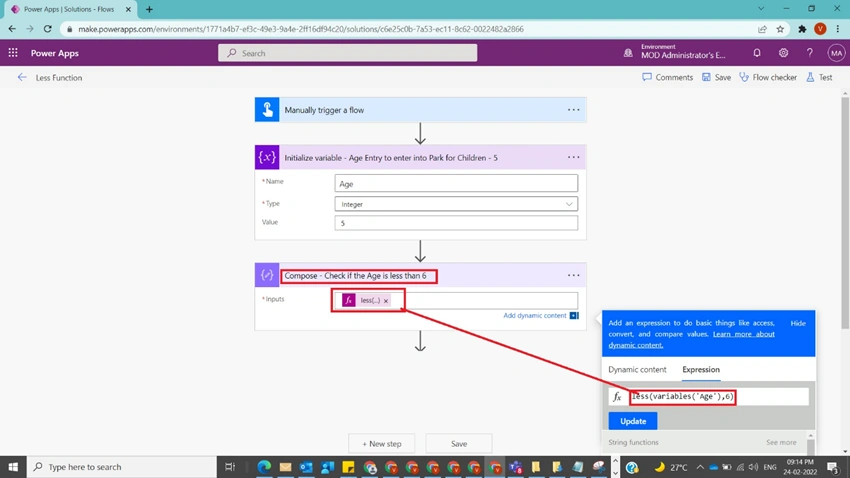 Usage of Less Function in Power Automate