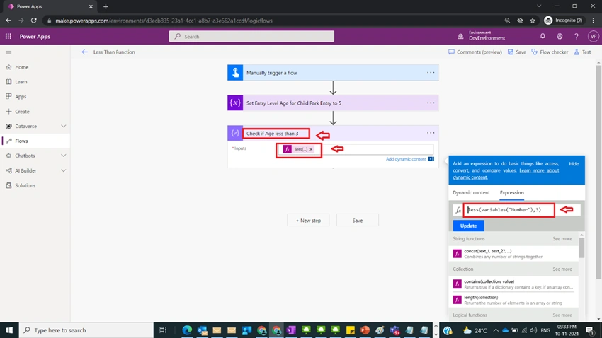 Usage of Less Than Function in Power Automate