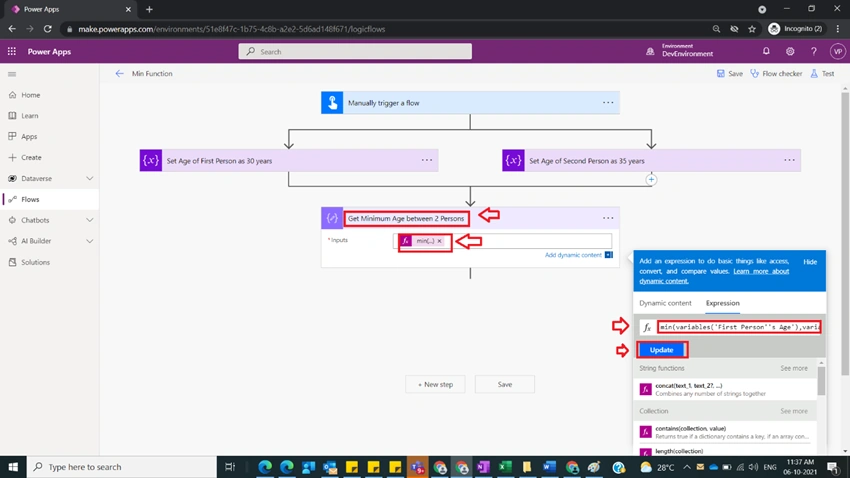 Usage of Min Function in Power Automate