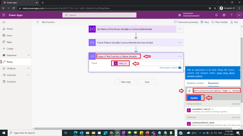 Usage of Not Function in Power Automate