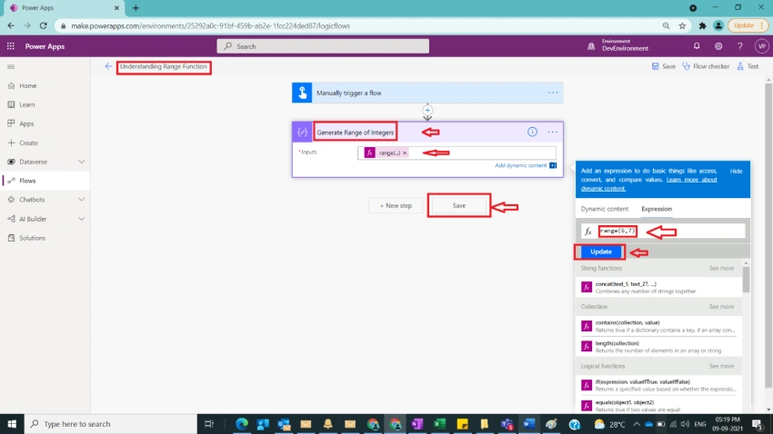 Usage of Range Function in Power Automate