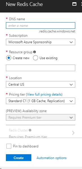 Redis Cache creation form on Azure.