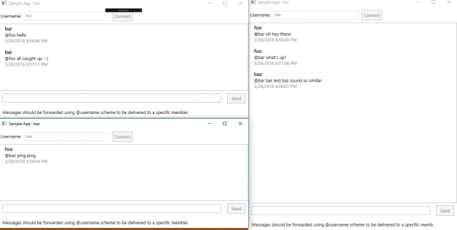 Preview of the applications running and service 3 users in the chat.