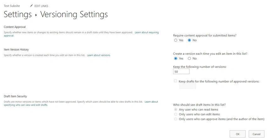 Versioning settings