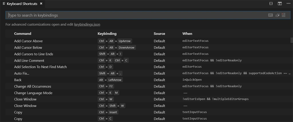 Visual Studio Code Keyboard Shortcut For Windows