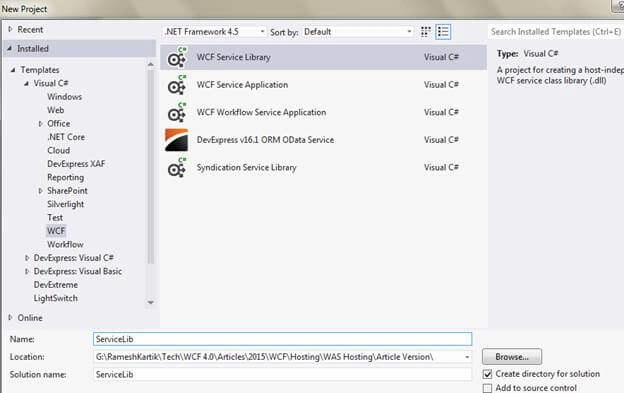 WCF Library Creation Screen
