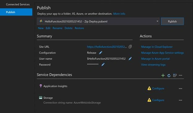 Azure functions publish settings