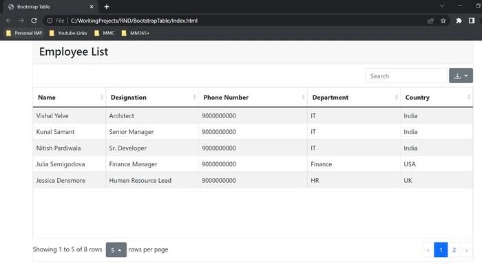 Bootstrap Table Page with data load and options