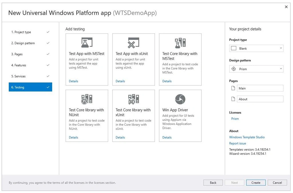 Windows Template Studio testing project list