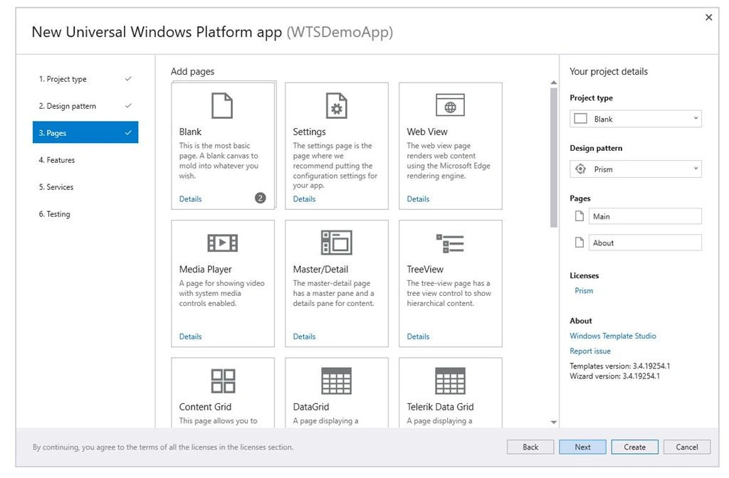 Windows Template Studio Ui pages