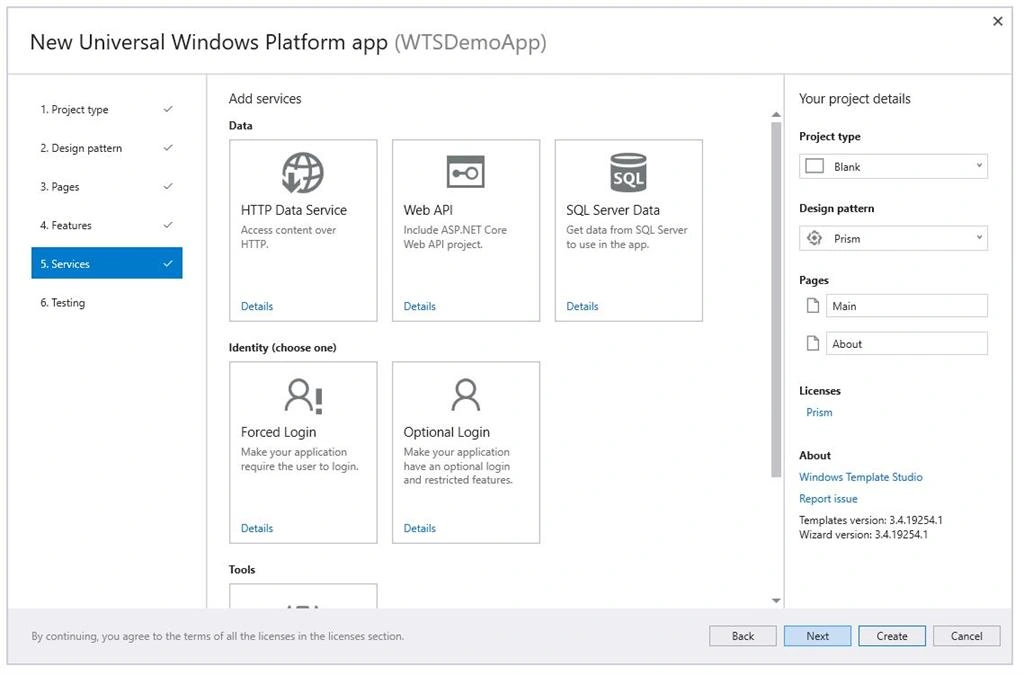 Windows Template Studio Services list