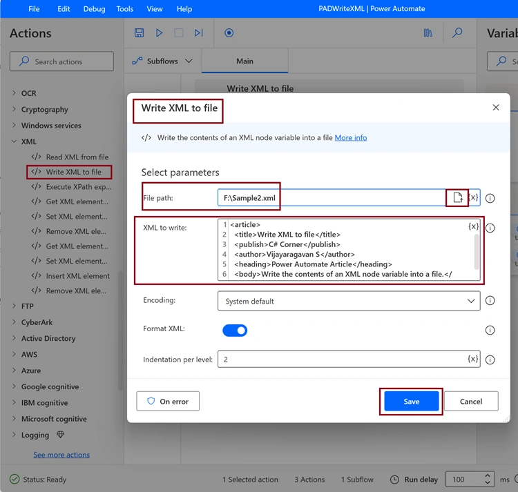 Write XML to file