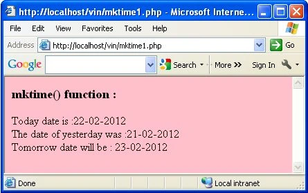 mktime function in php