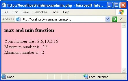 max and min function in php