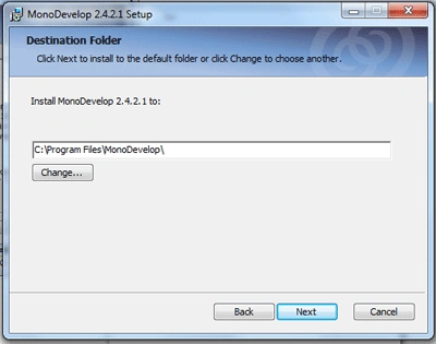 Choose location for monodevelop