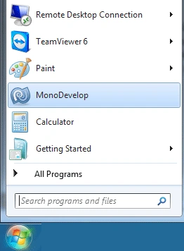 go to start menu to start monodevelop