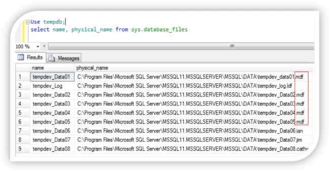 Showing that data files tempdev