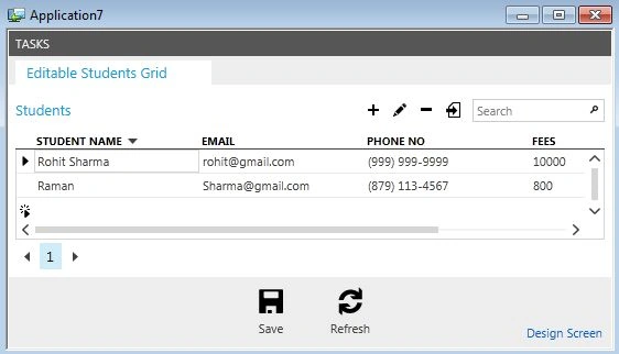 output showing editable grid screen