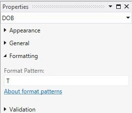 T format Pattern property window
