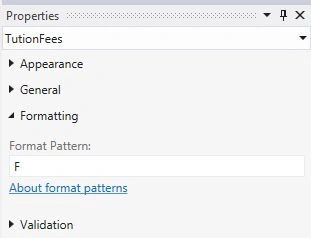 F Format pattern in Property Window