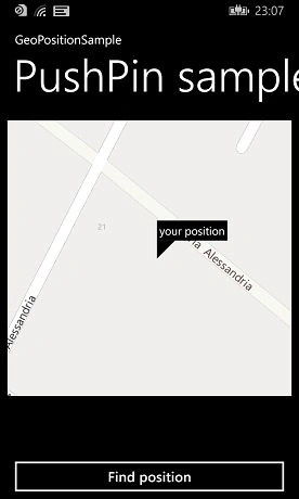 screen image PushPinSample after location research performed