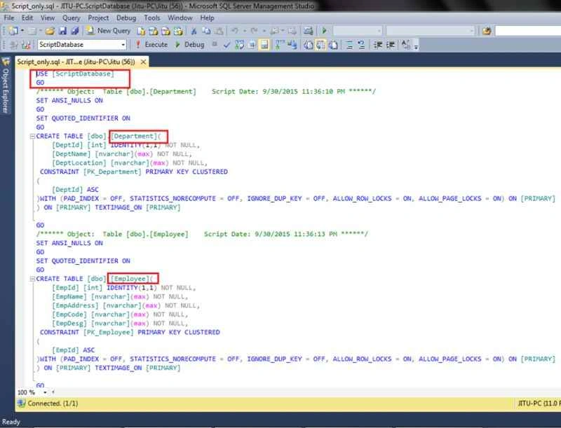 generated script it will open MS SQL Server 2012