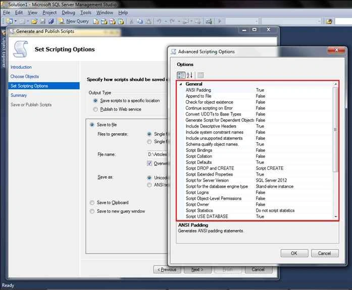selecting Advanced Script Options
