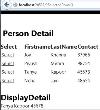 Display Selected Row from WebGrid