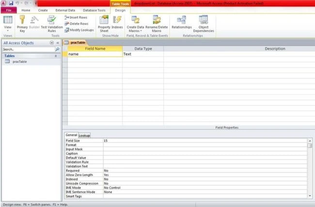 table and click on design view