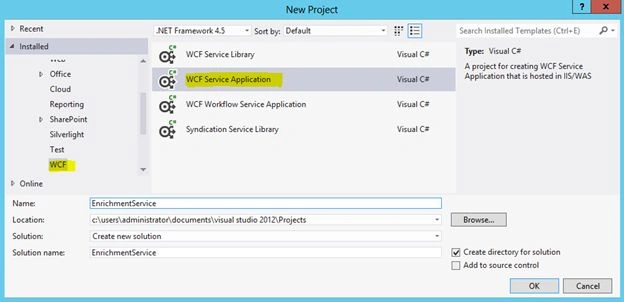 new WCF service application
